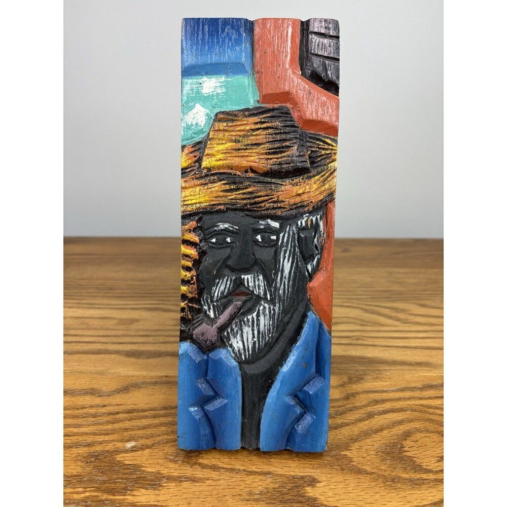 Vintage Preto Velho Hand Carved Wood Relief Plaque Brazilian Folk Art Pipe 11"